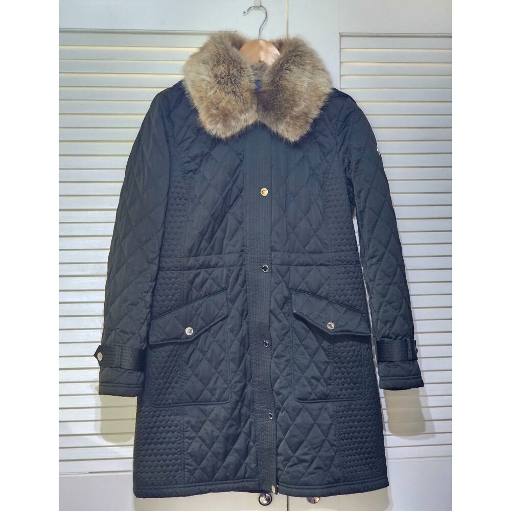 Michael Kors Women's Green Quilted Coat Jacket With Faux Fur Collar M 2755 - Picture 11 of 14